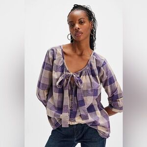 New Free People We The Free Big Bow Purple Plaid Pullover Tunic Top Blouse XS